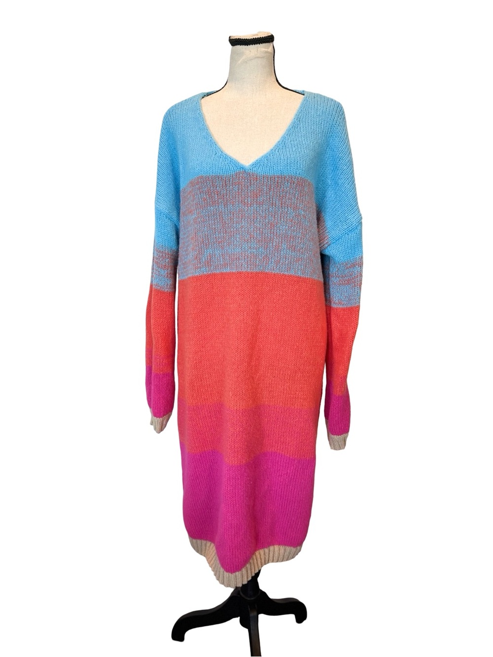 Colorblock Fuzzy Knit Sweater Dress XXL Blue Pink Oversized Cozy V Neck